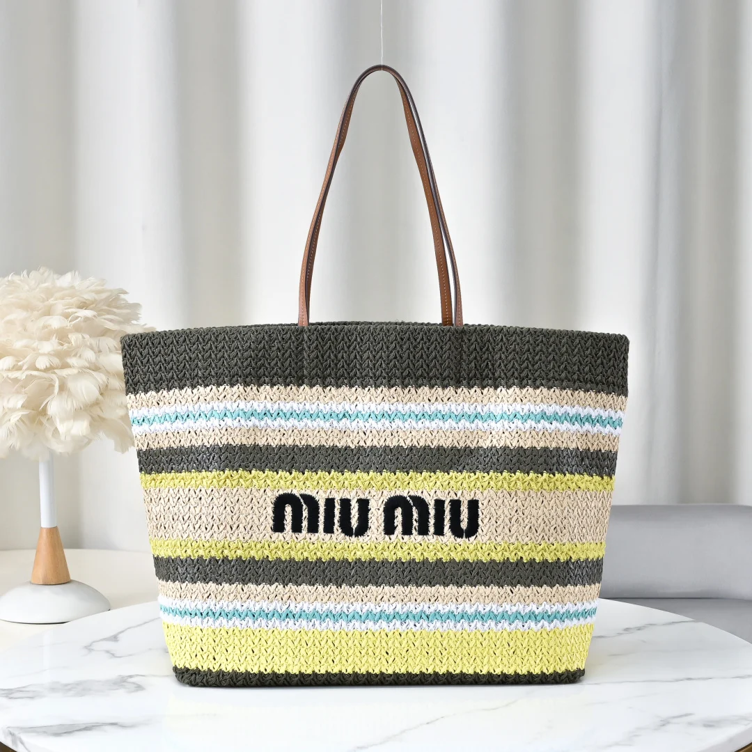 Miu Miu Raffia-Effect Woven Tote Bag